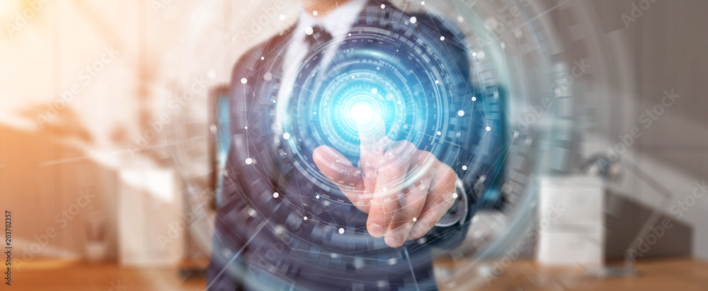 Poster businessman using digital network connection interface 3d rendering