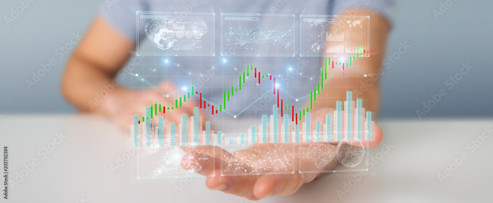 Aufkleber businessman using 3d rendering stock exchange datas and charts