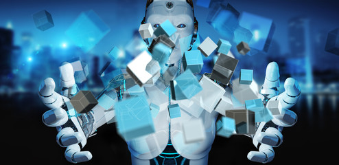 White cyborg using blue digital cube structure 3D rendering