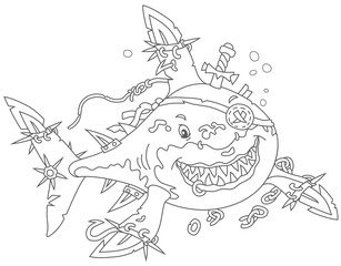 Perfidiously smiling Great White Shark Pirate with fins sabers attacking, black and white vector illustrations in a cartoon style for a coloring book