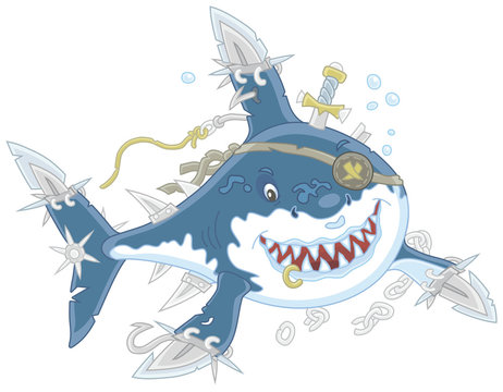 recommend clip art: Perfidiously smiling Great White Shark Pirate with fins sabers attacking