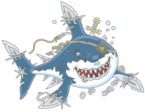 recommend clip art: Perfidiously smiling Great White Shark Pirate with fins sabers attacking, vector illustrations in a cartoon style