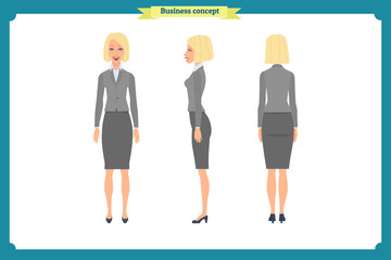 Set of Businesswoman character design.Front, side, back.Business girl, woman. Cartoon style, flat vector isolated.