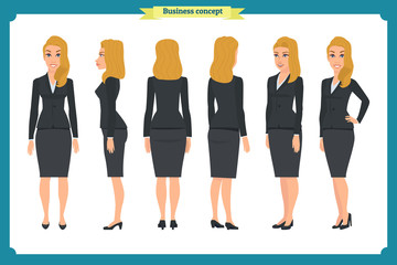 Obraz premium Set of Businesswoman character design.Front, side, back.Business girl, woman. Cartoon style, flat vector isolated.