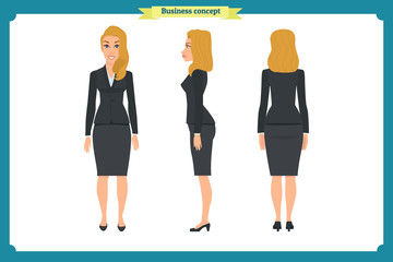 Obraz premium Set of Businesswoman character design.Front, side, back.Business girl, woman. Cartoon style, flat vector isolated.