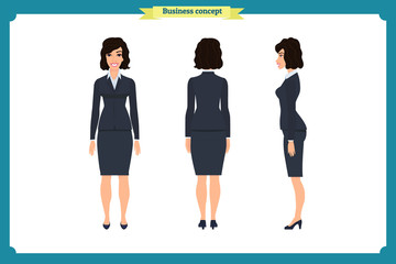 Obraz premium Set of Businesswoman character design.Front, side, back.Business girl, woman. Cartoon style, flat vector isolated.