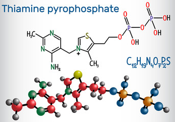 Thiamine pyrophosphate (TPP, thiamine diphosphate), is a cofactor that is present in all living systems.  Structural chemical formula and molecule model