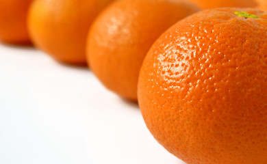 Beautiful orange oranges lie in a row on a white background