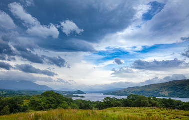 Dramatic sky over freshwater Loch Awe Argyll and Bute Scottish Highlands UK