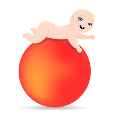 Cute blonde infant lies on the red fit ball. Isolated vector illustration. Baby sport for children. Fitness
