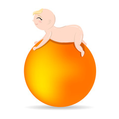 Cute blonde infant lies on the yellow fit ball. Isolated vector illustration. Baby sport for children. Fitness