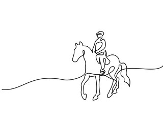 Continuous one line drawing. Horse and rider on horseback logo. Black and white vector illustration. Concept for logo, card, banner, poster, flyer