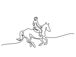 Continuous one line drawing. Horse and rider on horseback logo. Black and white vector illustration. Concept for logo, card, banner, poster, flyer