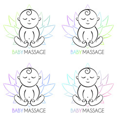 Logo baby and lotus isolated on the white background. The child is sitting. Text baby massage.