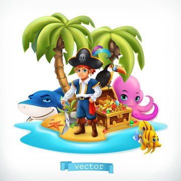 Ppirate. Little boy and funny animals. Tropical island and treasure chest, 3d vector icon
