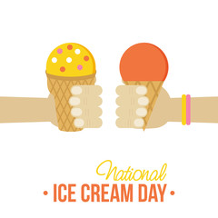 Cute colorful card, illustration for National Ice Cream Day with two people holding ice cream in hands. 