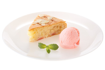Apple biscuit cake and ice cream on plate isolated on white background