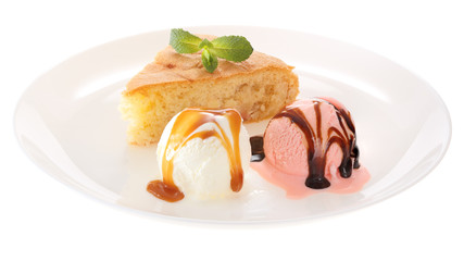 Apple biscuit cake and ice cream on plate isolated on white background