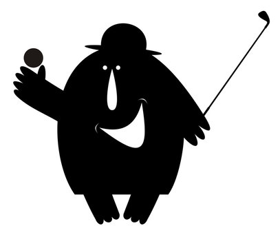 Smiling man in the bowler hat plays golf isolated illustration. Funny man wearing a bowler hat with a golf club and golf ball in the hand black on white illustration 
