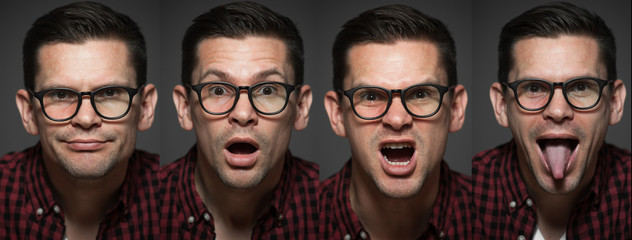 Set of portraits of cute young hipster man in plaid shirt and glasses showing various emotions on gray background