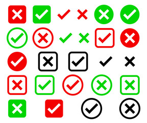 Check box list icons set, green, red and black isolated on white background, vector illustration.