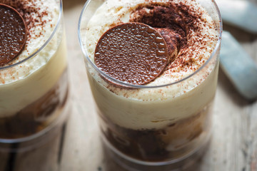 Tiramisu in glass with chocolate 