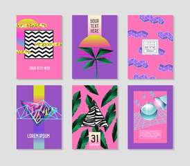 Abstract Tropical Poster Templates Set with Palm Leaves and Geometric Elements