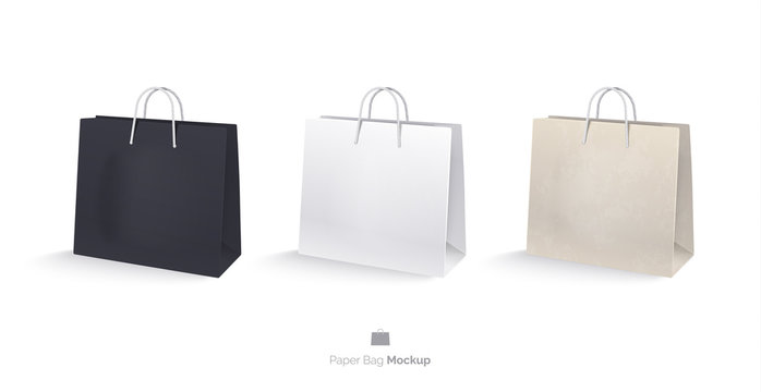 Paper bags, set, mocap. Shopping bags Isolated on white background. A white bag, a black bag, a bag of kraft paper. Realistic vector illustration. 3D