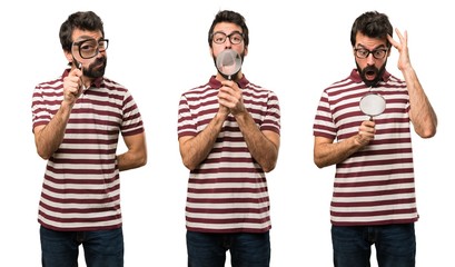 Set of Man with glasses with magnifying glass