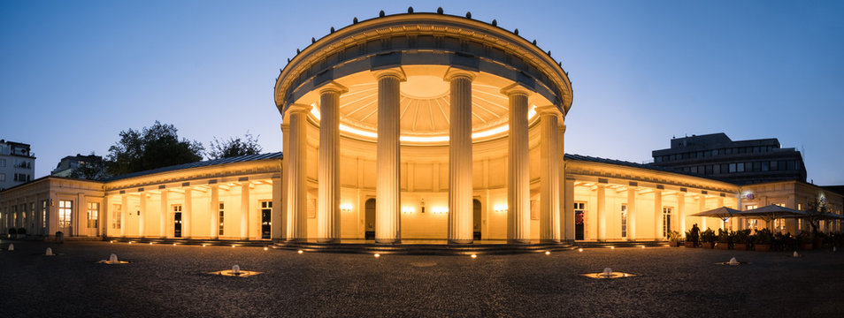 Panorama of Elisenbrunnen in Aachen at blue hour, Germany