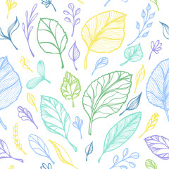 Fototapeta na wymiar Seamless pattern from Hand draw structure of leaves colorful on white in line art for design flyer banner or for decoration package of tea or cosmetic or perfume or for design of botanical theme