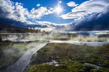Scenic view of Deildartunguhver hot spring in Reykholtsdalur, Iceland. The most powerful thermal...