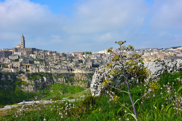 Fototapeta na wymiar Italy, Basilicata, Matera, city of stones, Unesco heritage, capital of European culture 2019. Panorama from the Belvedere. (photo with post-production) 