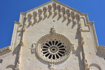 Italy, Basilicata, Matera, city of stones, Unesco heritage, capital of European culture 2019. Cathedral of Maria della Bruna. Details of the facades.