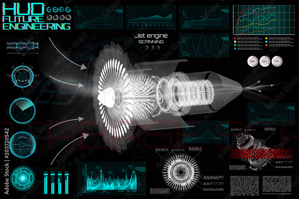 Poster jet engine of airplane in hud style. outline style and modern interface elements ( dashboards airpla