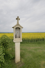 Calvaire devant un champ de colza en fleurs