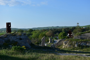 Italy, Basilicata, 22 April 2018, Matera, city of stones, free sculpture park La Paloma in an old...