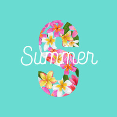 Summertime Floral Poster. Tropical Plumeria Flowers Design for Banner, Flyer, Brochure, Fabric Print. Hello Summer Watercolor Botanical Background. Vector illustration