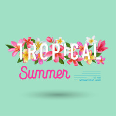 Summertime Floral Poster. Tropical Plumeria Flowers Design for Banner, Flyer, Brochure, Fabric Print. Hello Summer Watercolor Botanical Background. Vector illustration