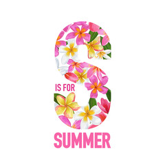 Summertime Floral Poster. Tropical Plumeria Flowers Design for Banner, Flyer, Brochure, Fabric Print. Hello Summer Watercolor Botanical Background. Vector illustration