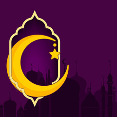 Greeting card for the Muslim holiday of Ramadan. Template with a silhouette of a mosque, lantern or fanoos and crescent moon in purple background.