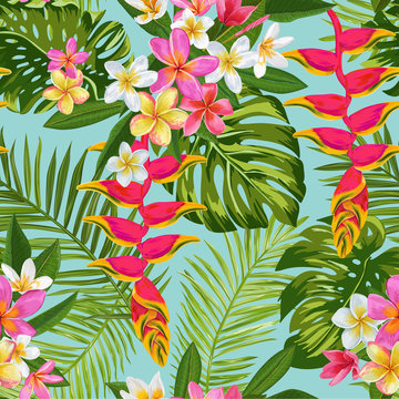 Watercolor Tropical Flowers and Palm Leaves Seamless Pattern. Floral Hand Drawn Background. Exotic Blooming Plumeria Flowers Design for Fabric, Textile, Wallpaper. Vector illustration