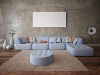 Mock up a stylish living room with a large corner sofa and a trendy hipster background.