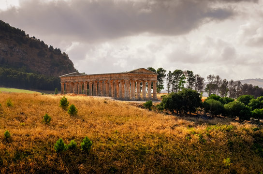 Scenic view of ancient temple in Segesta at sunset, Sicily