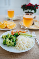 Breakfast in the kitchen. Healthy and delicious food. Eating in the kitchen.