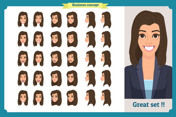 Set of woman's emotions design. Facial expression. Girl Avatar.Front, side, profile view animated character. Vector illustration of a cartoon style.Business girl character creation set. 