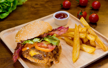 hamburger, home made burger with tomato and cheese,  burger with beef 