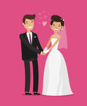 Wedding concept. Happy bride and groom holding hands. Cartoon vector illustration