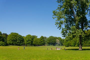 People enjoy, relax and make camping and barbecue in the park. Family relax and sit together under the tree
