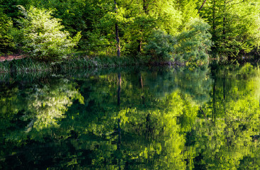 Beautiful morning on the lake, spring morning reflections in the water